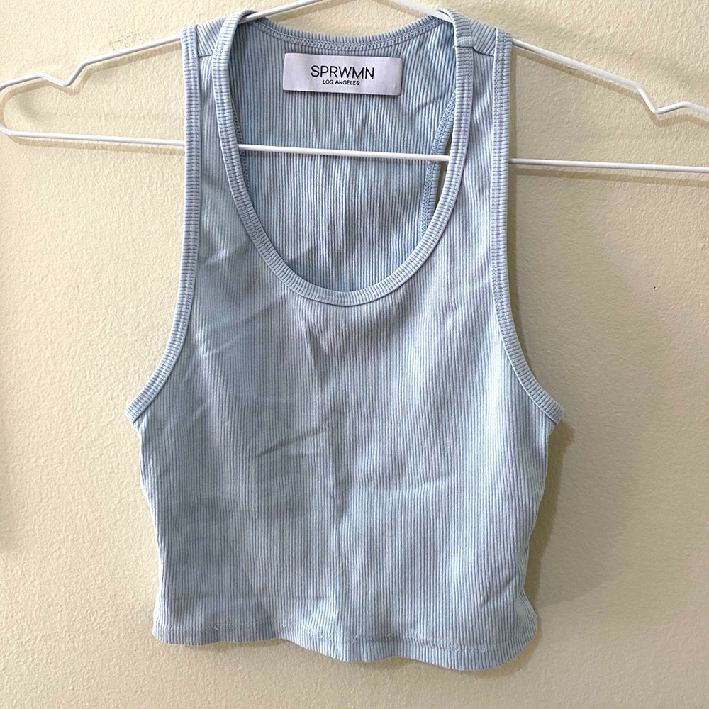 SPRWMN Blue Raceback Ribbed Cropped Tank Top Sz S